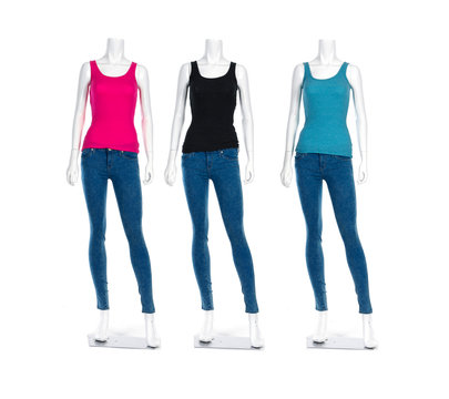 female mannequin colorful t-shirt dressed in jeans- Full length