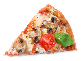 Slice of tasty pizza with vegetables and basil isolated on white