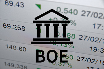 Building icon with inscription BOE. Financial data on computer  screen. Multiple exposure