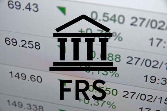 Building icon with inscription FRS. Financial data on computer  screen. Multiple exposure.