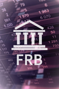 Building icon with inscription FRB. Financial data on computer  screen. Multiple exposure