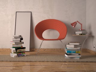 Quarto com pilha de livros