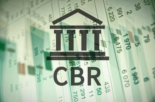 Building icon with inscription CBR. Financial data on computer  screen. Multiple exposure.