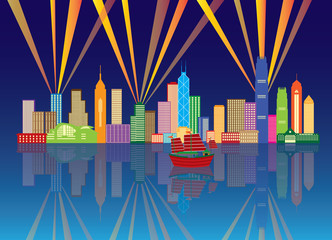 Hong Kong City Skyline Night Color Panorama Vector Illustration