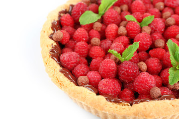 Tart with fresh raspberries, isolated on white