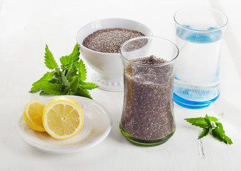 Chia seeds drink with  water, mint and lemon in glass.