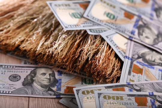 Dollars and broom on wooden floor, closeup