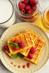 Sweet homemade waffles with fresh raspberries on plate, on light background