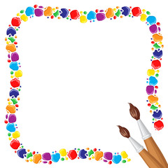 Frame of paints drops and blobs and two paintbrushes