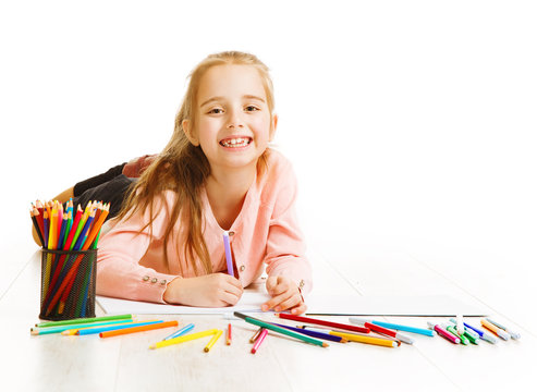 Kid Artist Drawing Color Pencils, Smiling Child Girl Imagination