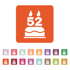 The birthday cake with candles in the form of number 52 icon. Birthday symbol. Flat