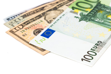 Close up of Euro currency note against US Dollar