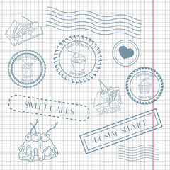 Set of postal stamps and postmarks.