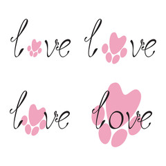 Set of love lettering and paw print