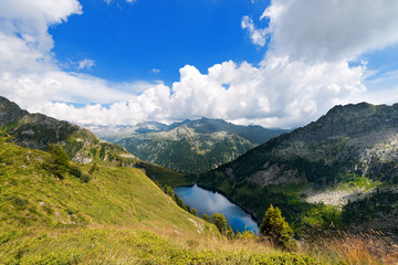 Lago di Campo - Adamello Trento Italy. Campo Lake 1944 m. and Copidello Lake, small beautiful alpine lakes in the National Park of Adamello Brenta, Trentino Alto Adige, Italy
