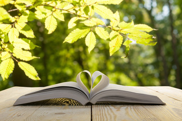 Open book on wooden table on natural blurred background. Back to school. Copy Space