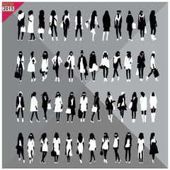 Set of 48 women,girl black silhouettes with white cloths on top,totally editable,collection