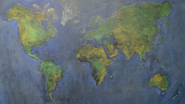 World map painted on blackboard - stop motion animation