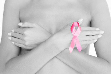 naked woman with breast cancer awareness ribbon