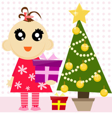 Little girl standing next to the christmas tree and gifts.