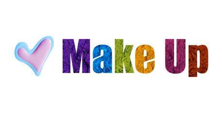Texte makeup coloré en maquillage sur fond blanc avec coeur rose