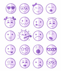 20 smiles icons set child purple half