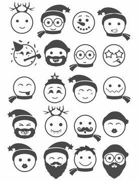 icons set 20 smiles winter black and white