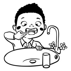 funny cartoon boy brushing his teeth. vector illustration