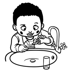 funny cartoon boy brushing his teeth. vector illustration