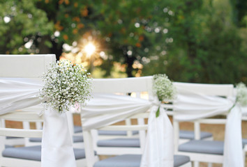 White flowers, Rustic Chic outdoor chair  Autumn wedding decoration