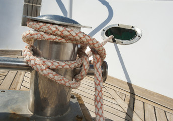 Closeup of a boat capstan and rope