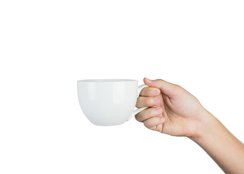 hand holding white mug isolated on white background