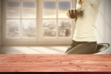 wooden desk space and woman with window sill 