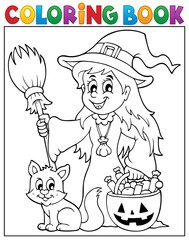 Coloring book cute witch and cat