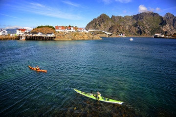 Kayaking at Lofoten islands, Henningsvaer, Norway