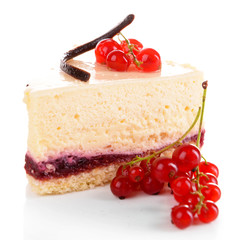 Tasty piece of cheesecake with berries isolated on white