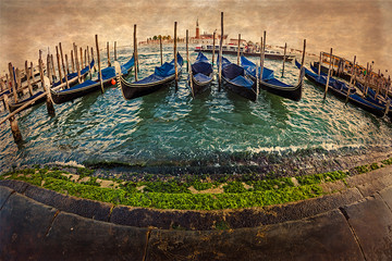 Fisheye view of Grand Canal with gondolas in Venice