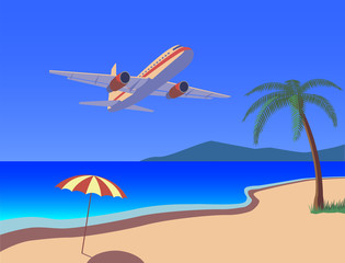 Fototapeta na wymiar Самолет пролетает над тропическим пляжем.
