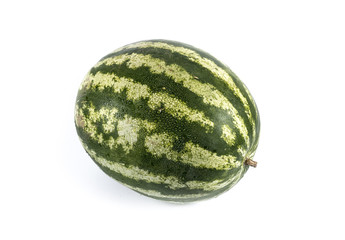 Ripe striped watermelon with water drops isolated on white