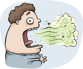 A cartoon man exhales a cloud of toxic, green bad breath into the air.