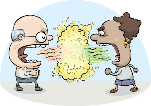 A cartoon man and woman argue and battle one another to a standoff with clouds of toxic bad breath.