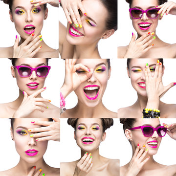 collection of Beautiful model girl with bright colored makeup