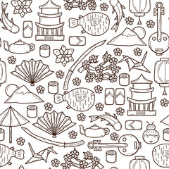 Seamless background with objects in hand drawn outline style on