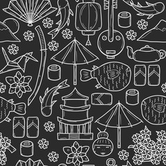 Seamless background with objects in hand drawn outline style on