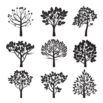 Set of black vector plants and trees