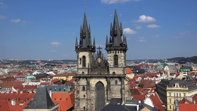 Church of Our Lady before Tyn with Old Town of Prague on background  from Old Town City Hall Tower.
