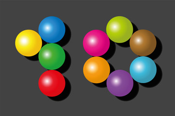 Number 10 consisting of exactly ten colorful items such as marbles, beads or balls - vector illustration on black background.