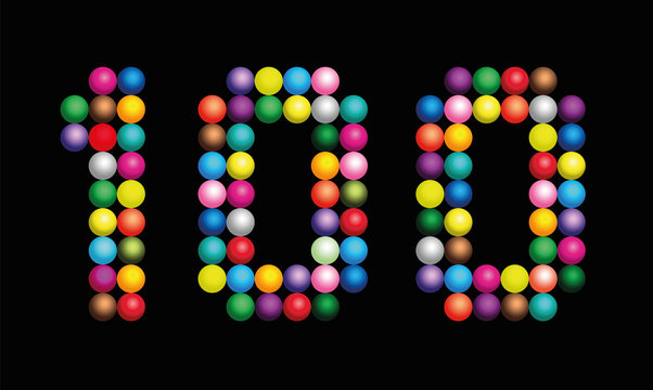 Number 100 consisting of exactly one hundred colorful particles such as marbles, beads or balls - vector illustration on black background.