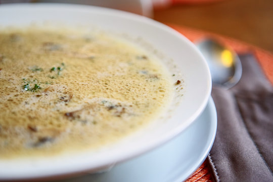 Bowl of cream soup with champignon mushrooms