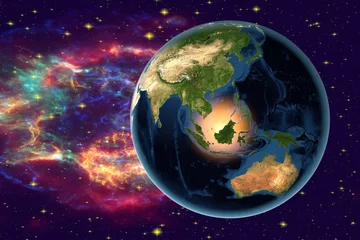 Rideaux occultants Pleine Lune arbre Planète Terre sur le fond avec des étoiles et des galaxies, la Terre depuis l& 39 espace montrant l& 39 Indonésie, l& 39 Australie, l& 39 Inde et la Malaisie sur le globe pendant la nuit, éléments de cette image fournis par la NASA